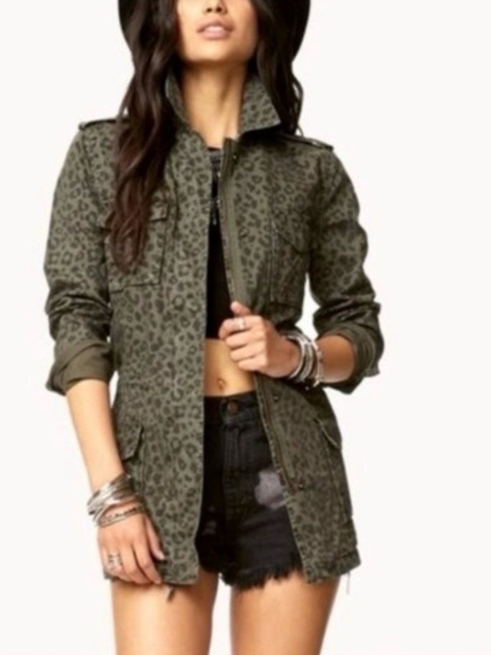 Forever 21 leopard print green utility jacket med